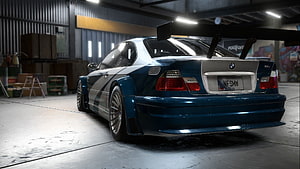 Blue BMW M3 E46 with large rear wing in garage HD wallpaper