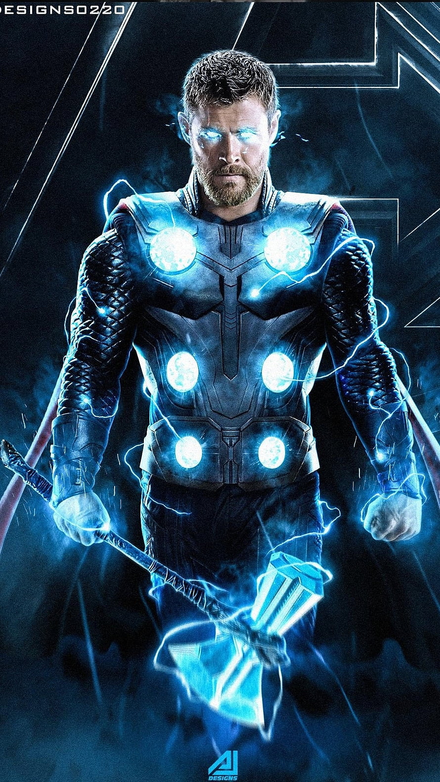 Thor Wielding Mjolnir with Glowing Blue Energy Armor and Electric Storm Effects HD phone wallpaper