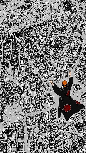 Pain from Naruto manga overlooking a devastated city in black and white ink art HD phone wallpaper