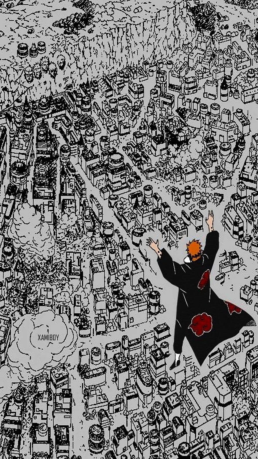 Pain from Naruto manga overlooking a devastated city in black and white ink art HD phone wallpaper