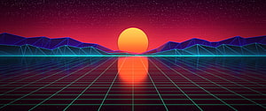 Retro 80s Synthwave Sunset Landscape With Neon Grid And Mountains HD wallpaper