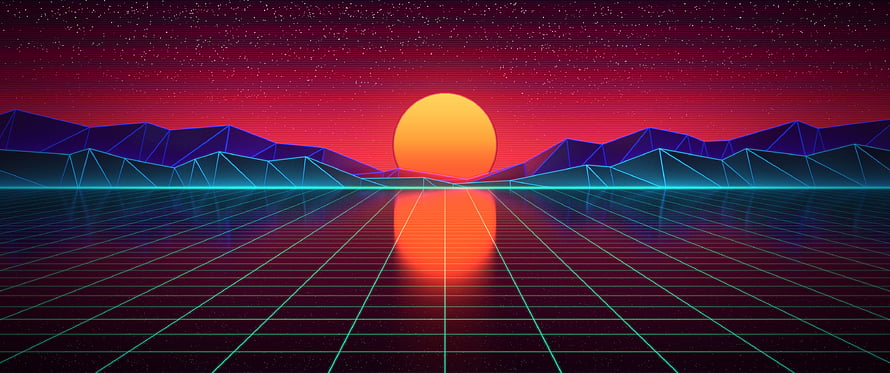 Retro 80s Synthwave Sunset Landscape With Neon Grid And Mountains HD wallpaper