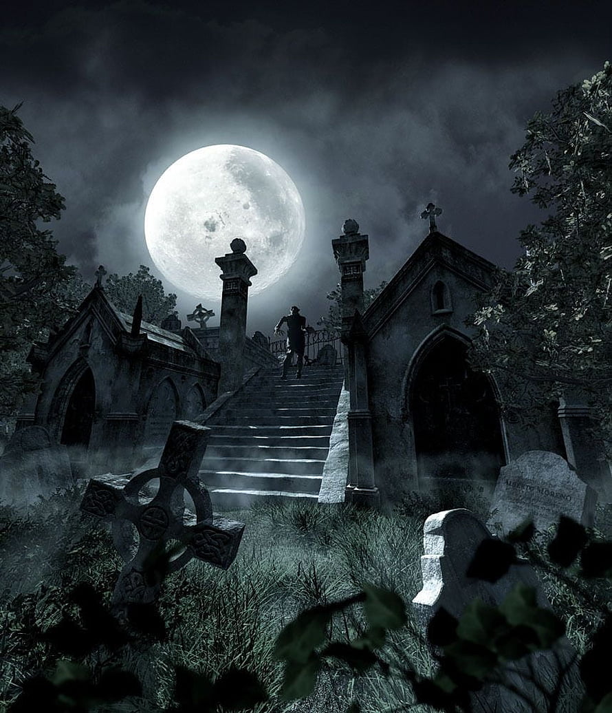 Halloween Cemetery Scene With Full Moon, Gothic Tombstones, and a Silhouetted Figure on Stone Steps HD phone wallpaper