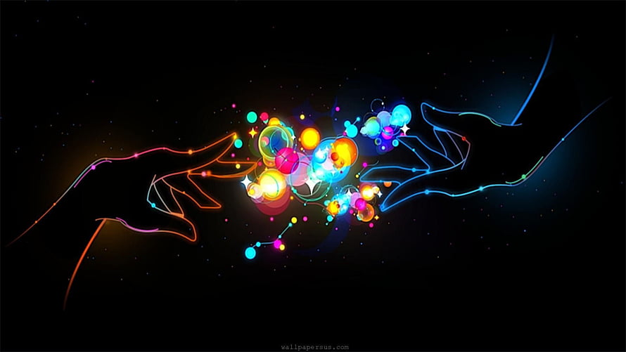 Abstract Neon Hands Releasing Colorful Glowing Orbs and Stars on Black Background HD wallpaper