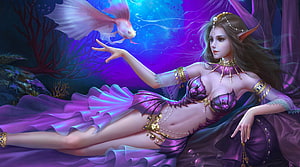 Fantasy Mermaid Reaching Toward a Glowing Koi Fish in an Underwater Realm HD wallpaper