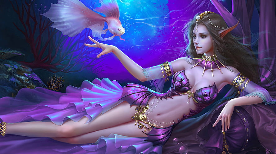 Fantasy Mermaid Reaching Toward a Glowing Koi Fish in an Underwater Realm HD wallpaper