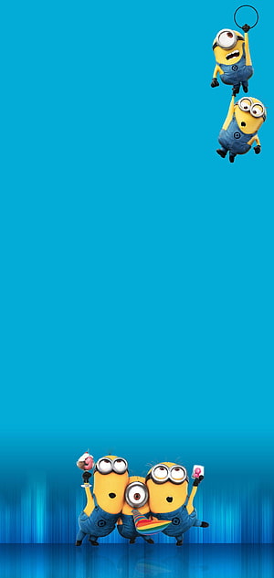 Minions Characters on Vibrant Blue Background with Fun Props and Playful Poses HD phone wallpaper