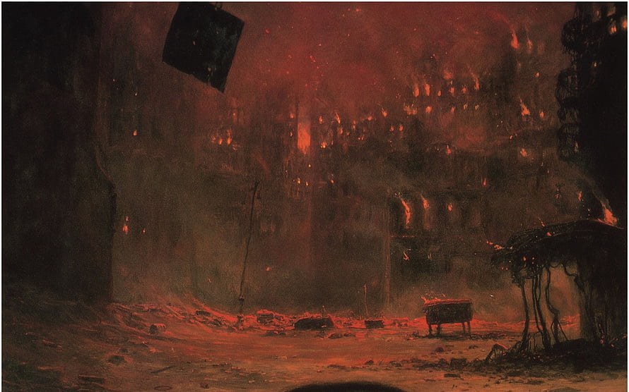 Zdzisław Beksiński Dark Apocalyptic Landscape with Burning Ruins and Eerie Red Atmosphere HD wallpaper