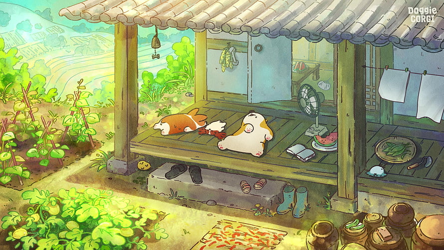 Doggie Corgi: Two Corgis Relaxing on a Traditional Wooden Porch in a Lush Garden HD wallpaper