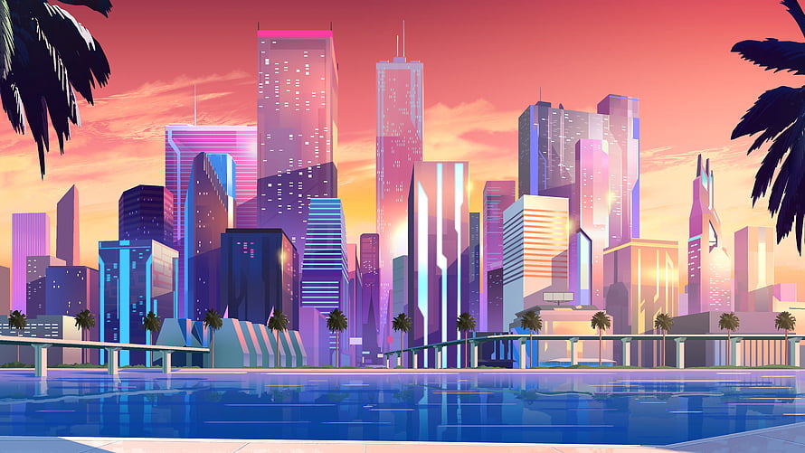 Vibrant Retro Futuristic Cityscape at Sunset with Neon Skyscrapers and Waterfront HD wallpaper