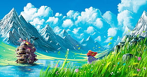 Studio Ghibli Style Fantasy Landscape With Steampunk Ship And Snowy Mountains HD wallpaper