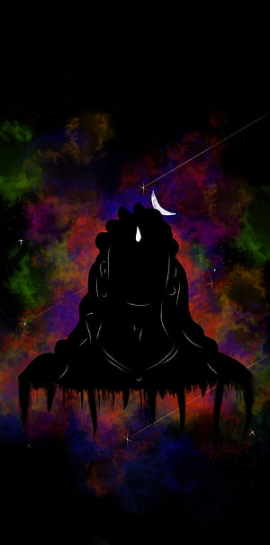 Silhouette of a dark figure with a crescent moon against a vibrant cosmic nebula background HD phone wallpaper