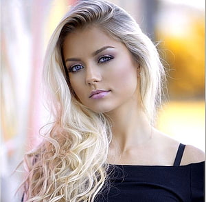 Portrait of a blonde woman with long wavy hair and blue eyes wearing a black off-shoulder top, Blonde, Girl, Beautiful, Beauty, Woman, Model, Lovely, Beaut, Female HD wallpaper