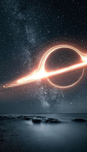 Stunning Black Hole with Glowing Accretion Disk Over a Serene Ocean at Night HD phone wallpaper