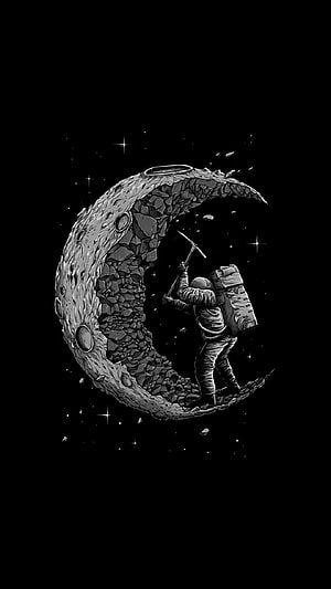 Astronaut Mining the Surface of a Cratered Crescent Moon in Deep Space HD phone wallpaper