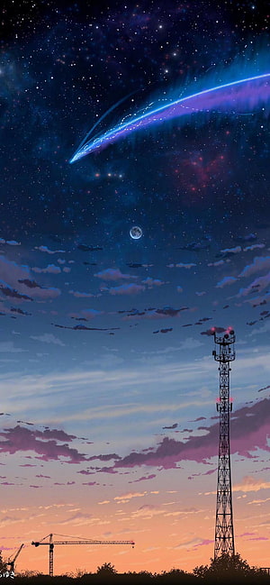 Anime Style Night Sky With Shooting Star, Moon, And Cell Tower Silhouette HD phone wallpaper