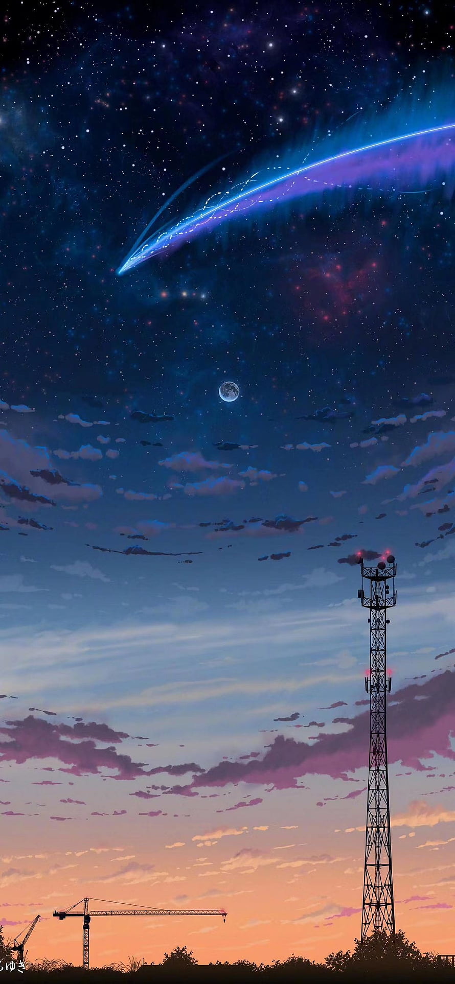 Anime Style Night Sky With Shooting Star, Moon, And Cell Tower Silhouette HD phone wallpaper