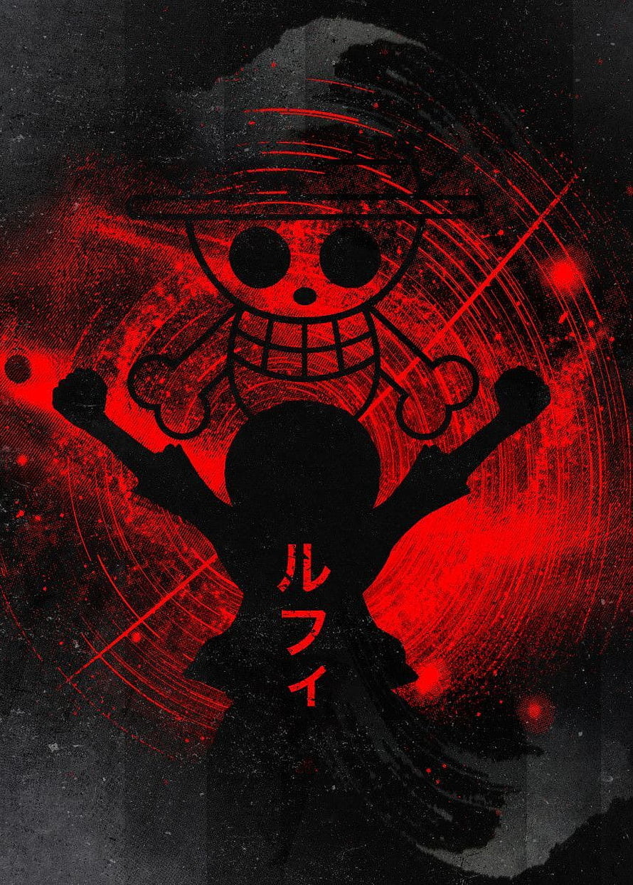 Luffy Gear 5 Silhouette with Red Devil Fruit Aura and Japanese Text HD phone wallpaper