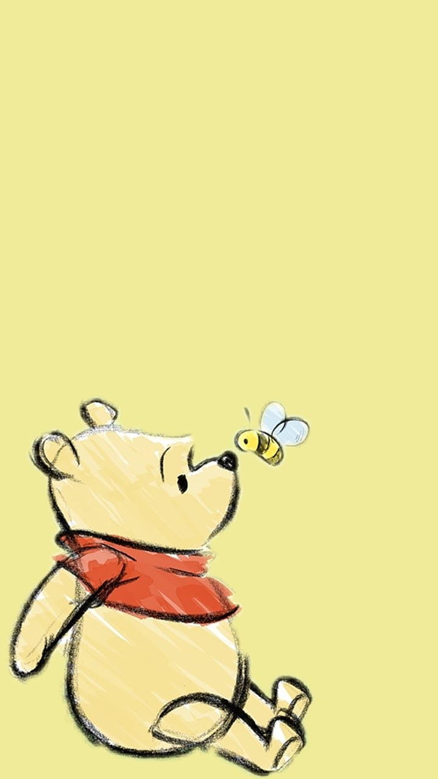 Winnie the Pooh Sitting and Watching a Bee Fly Past on a Soft Yellow Background HD phone wallpaper