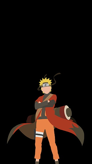 Naruto Uzumaki Vector Art on Black Background with Red Cloak and Scroll HD phone wallpaper