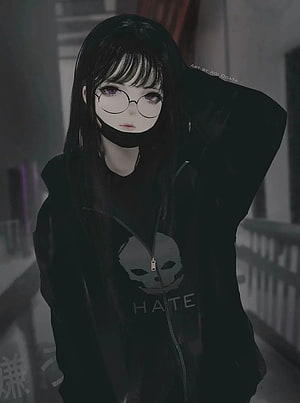 Anime Girl With Glasses And Black Hoodie Featuring Skull Graphic HD phone wallpaper