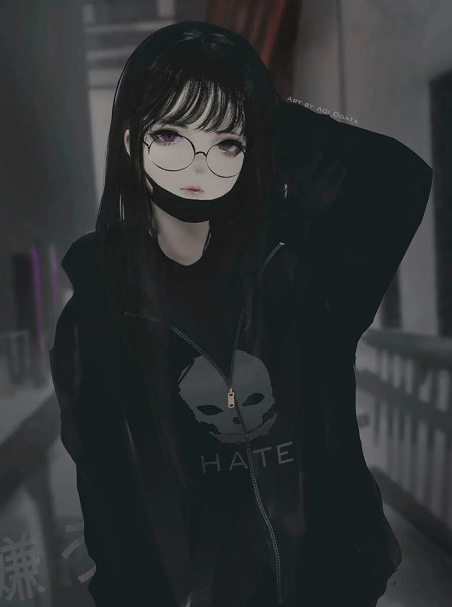 Anime Girl With Glasses And Black Hoodie Featuring Skull Graphic HD phone wallpaper