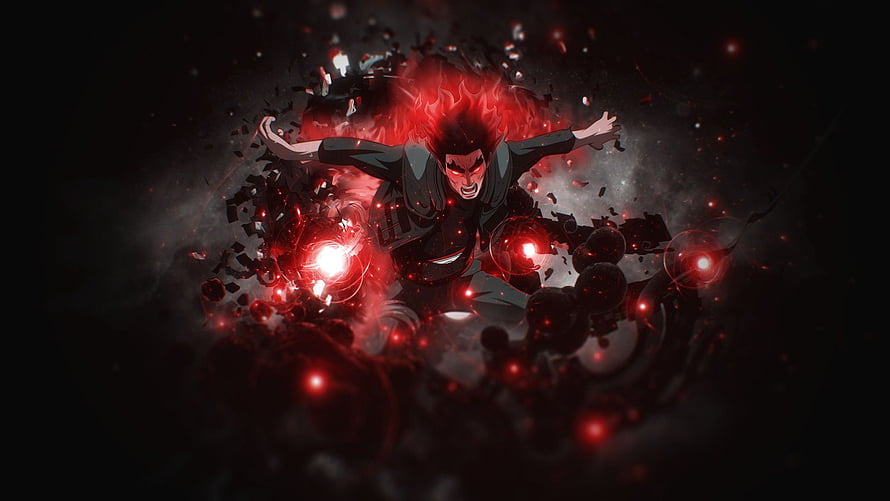 Might Guy unleashing intense red chakra energy in dramatic dark anime action scene HD wallpaper