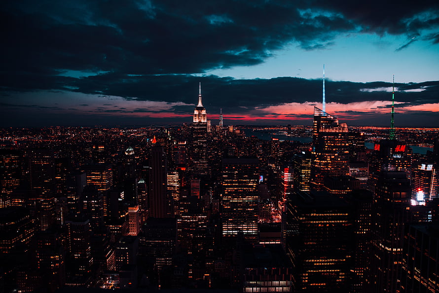 New York City Skyline at Dusk with Empire State Building and One World Trade Center HD wallpaper