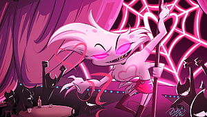 Angel Dust from Hazbin Hotel performing on stage in a neon-lit club with pink lighting and spider web backdrop HD wallpaper