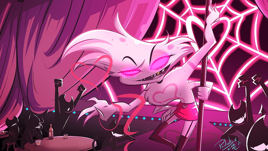 Angel Dust from Hazbin Hotel performing on stage in a neon-lit club with pink lighting and spider web backdrop HD wallpaper