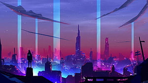 Cyberpunk Cityscape at Dusk with Vertical Light Beams and Silhouetted Figure HD wallpaper