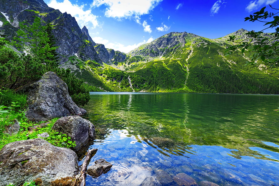 Serene Alpine Lake Surrounded by Lush Green Mountains and Clear Blue Sky HD wallpaper