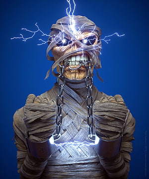 Iron Maiden Eddie Mummy Concept Art with Electric Chains and Lightning HD phone wallpaper