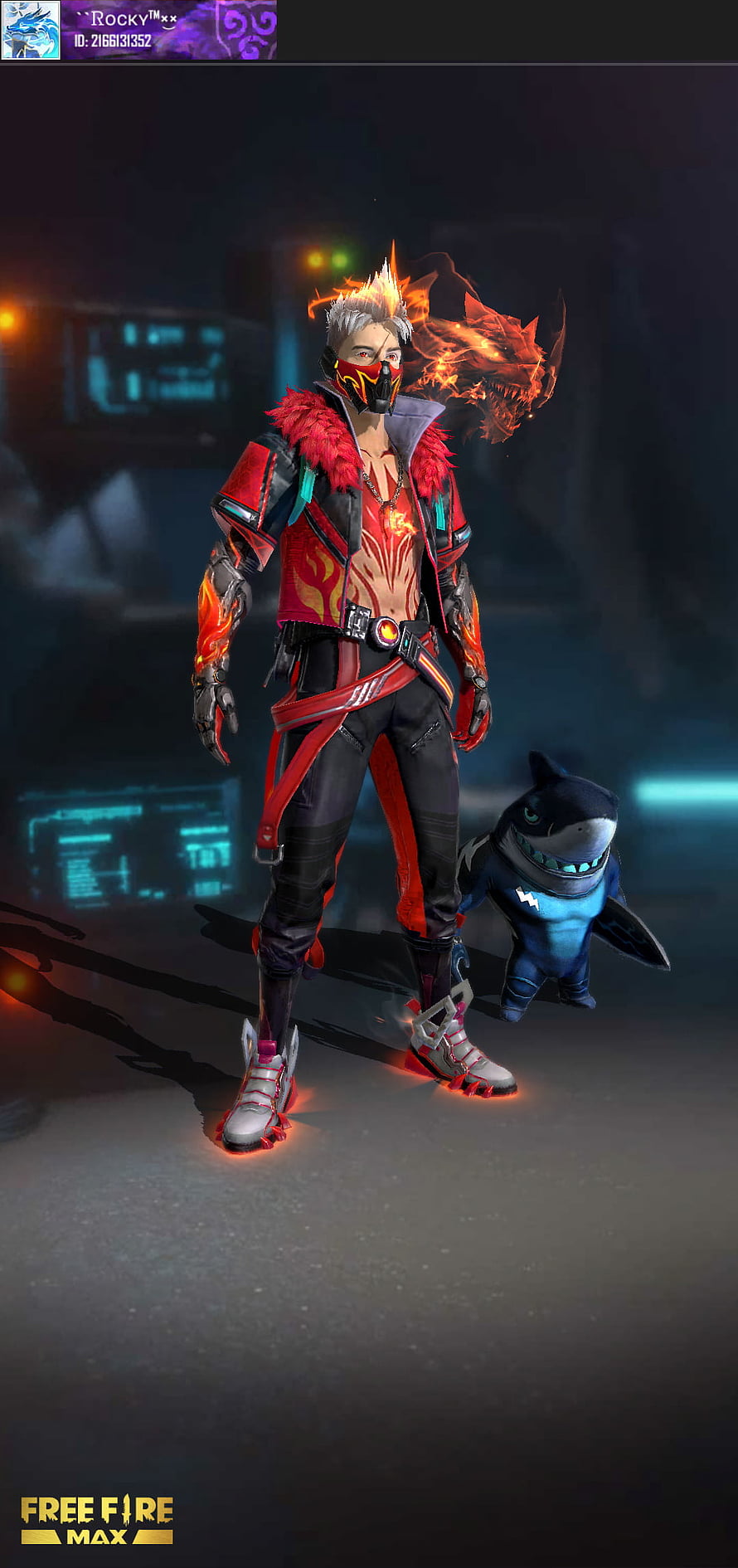 Free Fire Max Character with Fiery Dragon Spirit and Shark Pet HD phone wallpaper