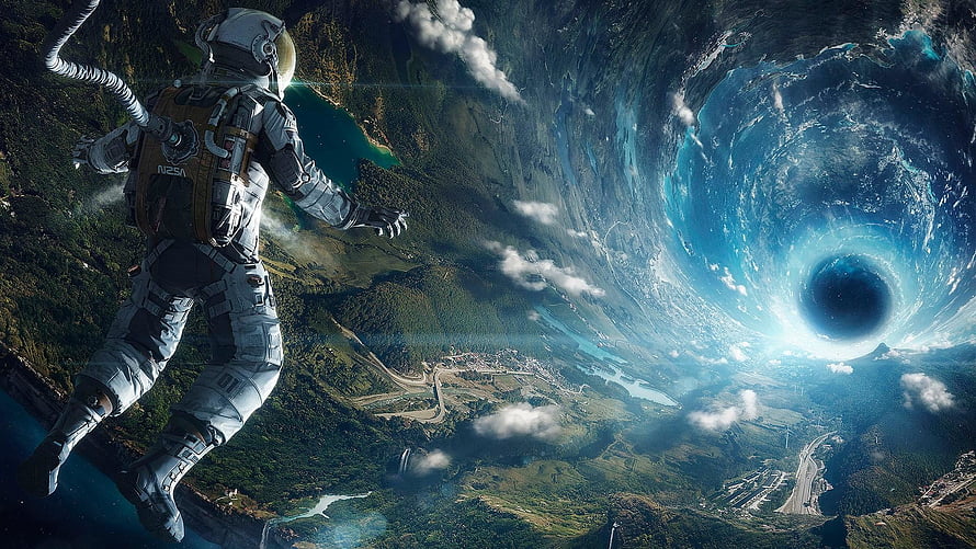 Interstellar astronaut floating above Earth with a massive swirling black hole in the sky HD wallpaper