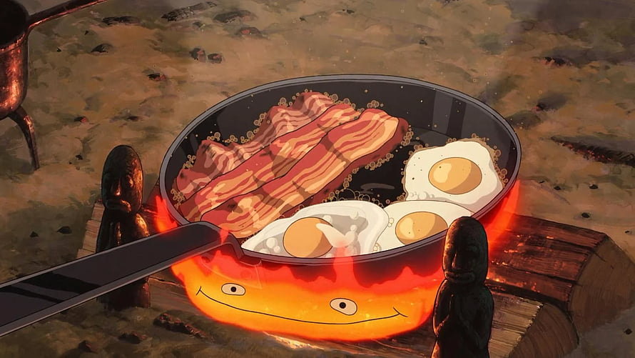 Whimsical Anime Style Breakfast Cooking with Sentient Fire Spirit and Bacon HD wallpaper