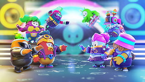 Fall Guys Season 4 Character Lineup in Vibrant Neon Arena HD wallpaper