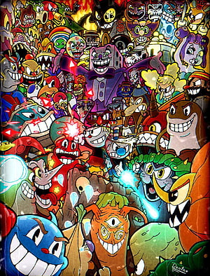 Cuphead and Mugman Surrounded by a Dense Crowd of Cartoon Villains and Bosses, Cuphead, art, Videogames HD phone wallpaper