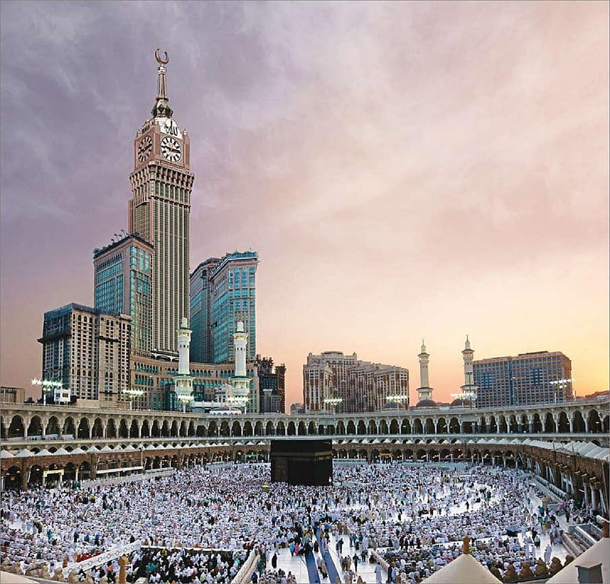 Makkah Clock Tower and Kaaba at Sunset with Pilgrims HD wallpaper