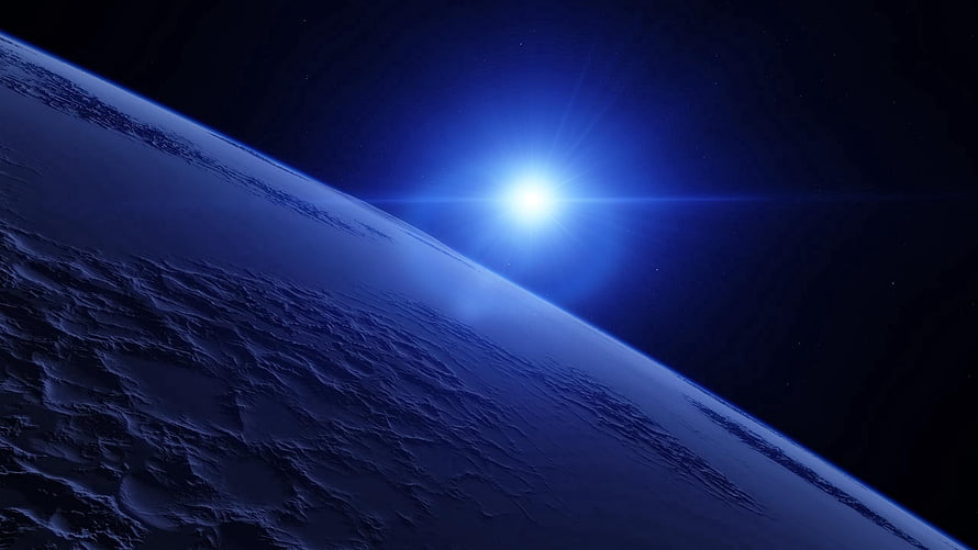 Blue Planet Horizon With Bright Star Rising Over Rocky Surface in Deep Space HD wallpaper