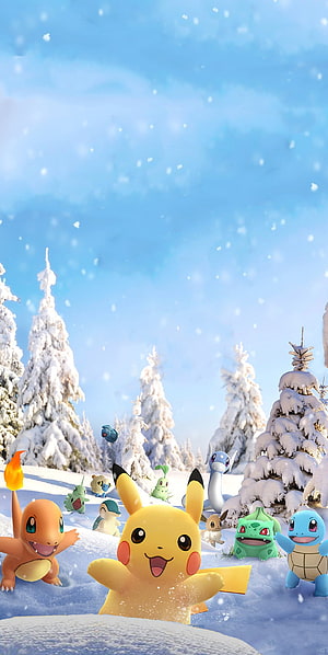 Pikachu and Pokemon Friends Playing in Snowy Winter Forest HD phone wallpaper