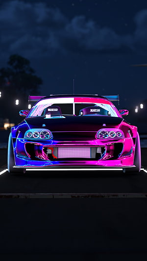 Neon Pink and Blue Nissan Skyline GT-R R34 Widebody JDM Car at Night HD phone wallpaper
