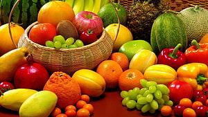 Vibrant Fruit and Vegetable Still Life with Wicker Basket and Melons HD wallpaper
