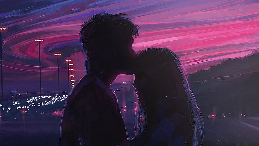 Romantic Anime Couple Silhouette Kissing Under Neon Pink Sunset Sky, You & Me - Valentines Lofi Hip Hop Jazz Mix Instrumental Beats [study Sleep Focus Music] Lofi æè¥², Lofi Couple HD wallpaper