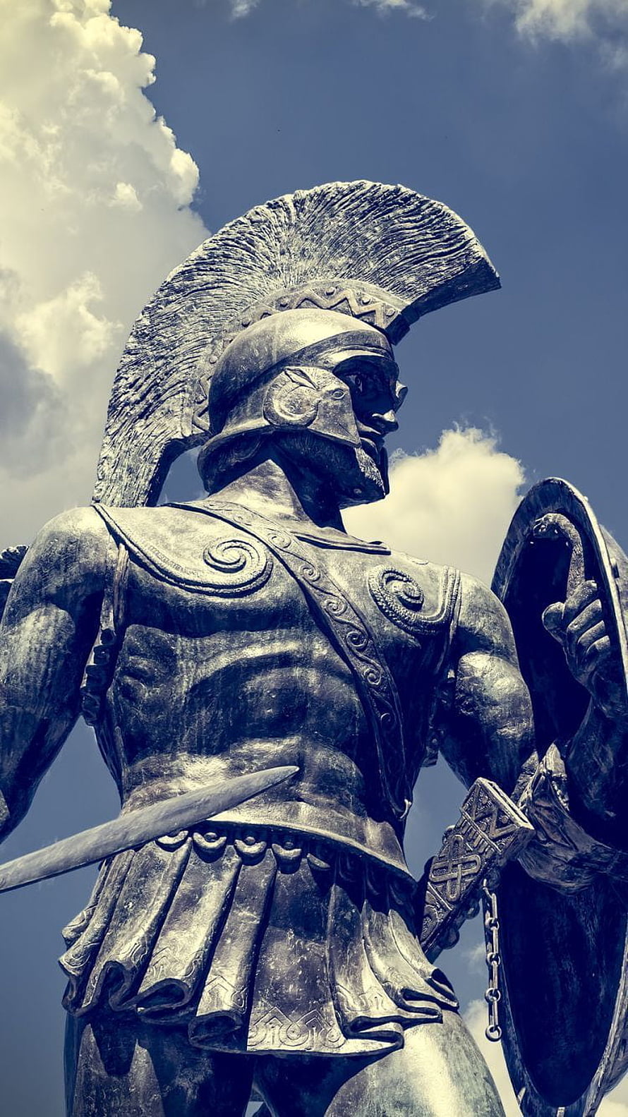 Ancient Greek Warrior Statue with Crested Helmet and Shield HD phone wallpaper
