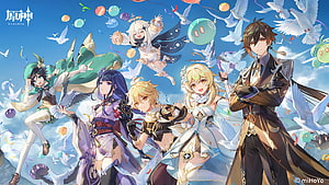 Genshin Impact characters Venti, Raiden Shogun, Aether, Lumine, Zhongli, and Paimon celebrating with doves and balloons HD wallpaper
