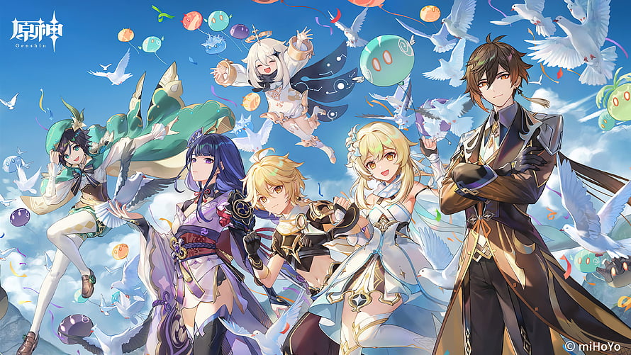 Genshin Impact characters Venti, Raiden Shogun, Aether, Lumine, Zhongli, and Paimon celebrating with doves and balloons HD wallpaper
