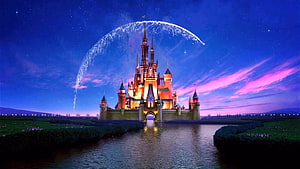 Disney Castle at Night with Fireworks and Starry Sky HD wallpaper