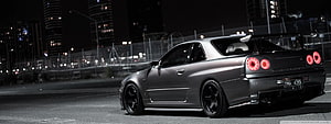 Matte Gray Nissan Skyline GT-R R34 Night City Street Photography HD wallpaper