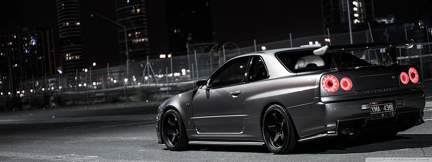 Matte Gray Nissan Skyline GT-R R34 Night City Street Photography HD wallpaper